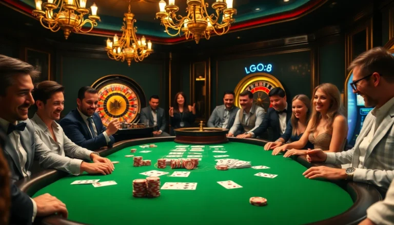 Players engaged at a luxurious blackjack table at https://go8.food/, showcasing vibrant chips and cards in an exciting casino atmosphere.