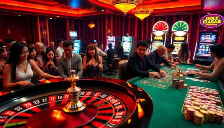GO 8 guides players in an exciting casino atmosphere, with vibrant roulette and poker tables.