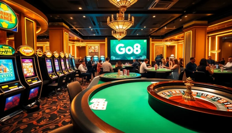 Go8 casino scene featuring players at gaming tables, vibrant slot machines, and an engaging roulette wheel atmosphere.
