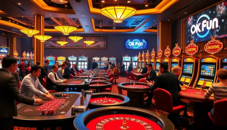 Exciting casino scene featuring players at tables and slot machines, showcasing the fun of gaming with OKFUN branding.