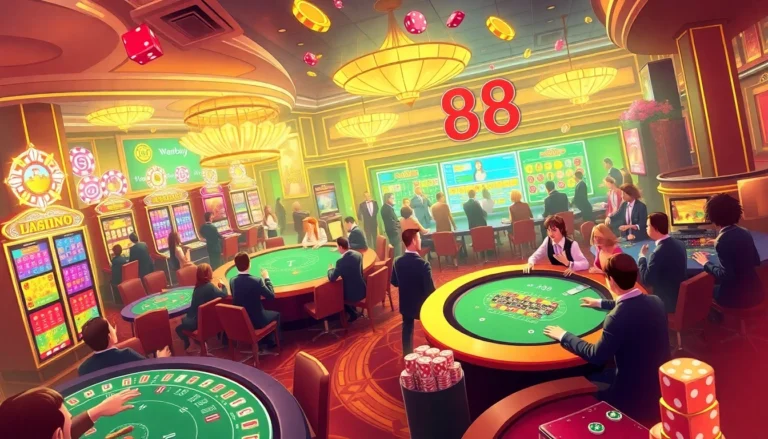 Experience the thrill of the "new 88" casino environment with players at vibrant gaming tables and slot machines.