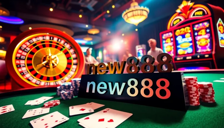 Experience the thrill of casino gaming at new888 with exciting tables, colorful chips, and spinning roulette.