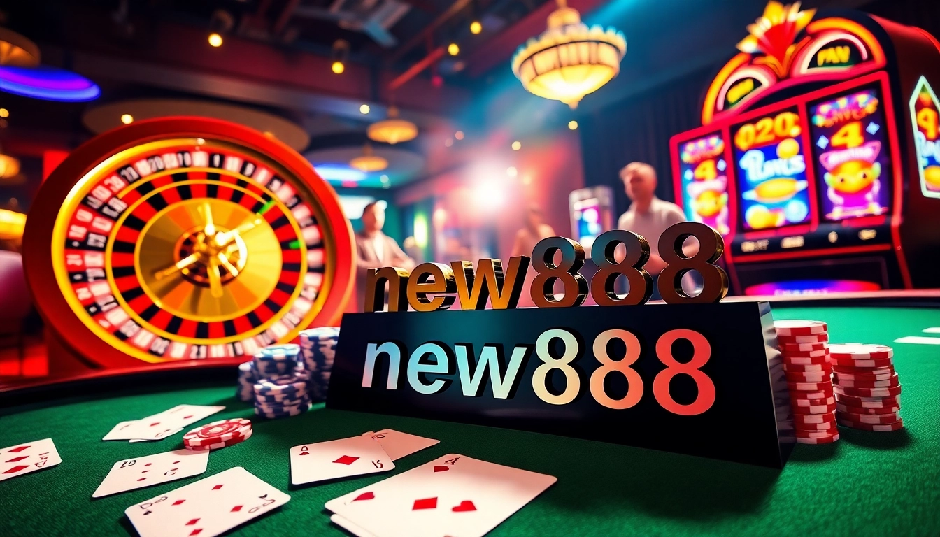 Experience the thrill of casino gaming at new888 with exciting tables, colorful chips, and spinning roulette.