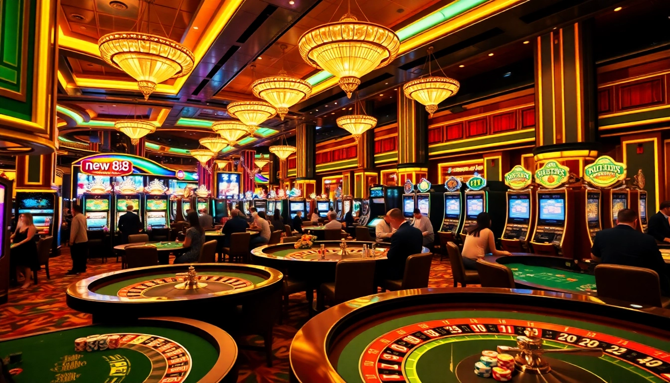 Experience the excitement at new 88 casino with vibrant gaming tables, illuminating slot machines, and enthusiastic players.