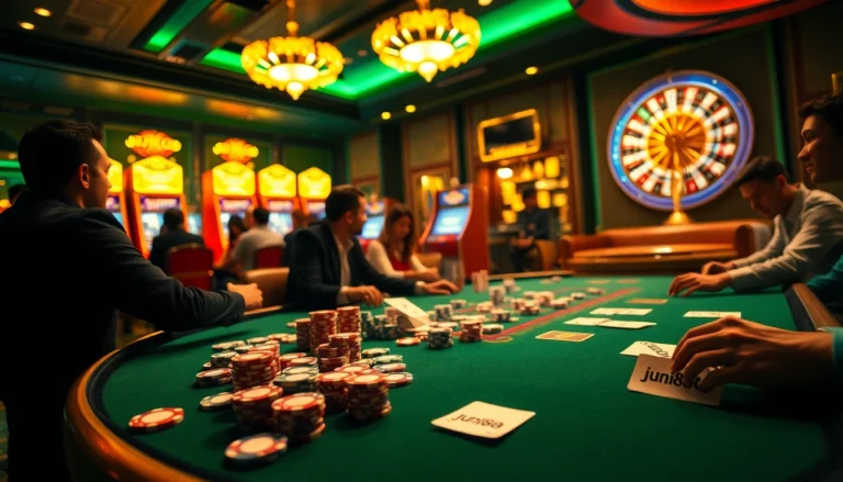 Players enjoying an intense poker game at a casino table, jun888 showcased on a betting slip for added excitement.