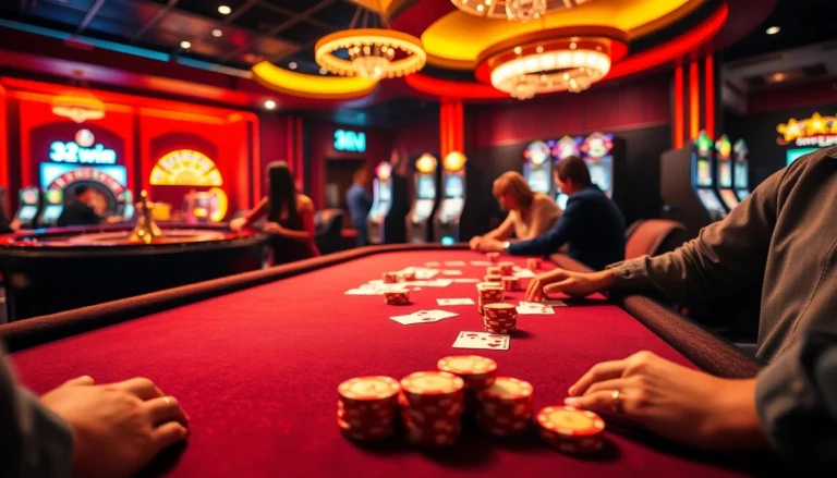 32win poker table action with vibrant chips and players at a busy casino.