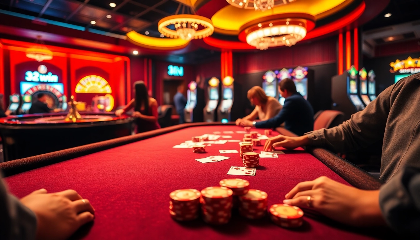 32win poker table action with vibrant chips and players at a busy casino.