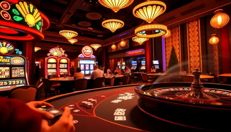 Experience high stakes poker action at https://jun88bet.net/, showcasing a vibrant casino atmosphere.